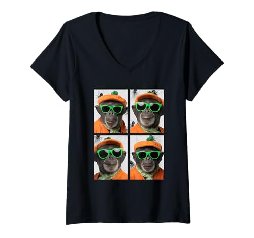 Damen Süßes Schimpansen mit Sonnenbrille Kürbis Kostüm Halloween T-Shirt mit V-Ausschnitt Damen Süßes Schimpansen mit Sonnenbrille Kürbis Kostüm Halloween T-Shirt mit V-Ausschnitt von Spooky Animals Halloween Clothing