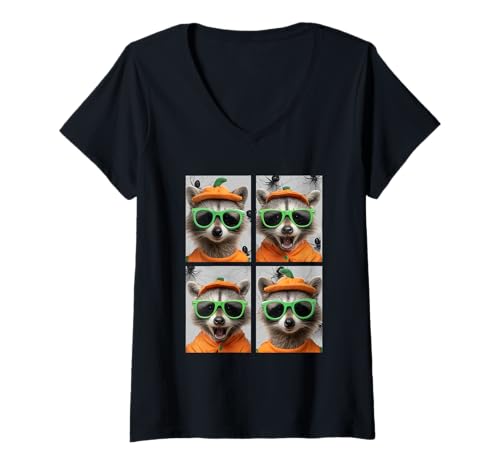 Damen Süßes Waschbären mit Sonnenbrille Kürbis Kostüm Halloween T-Shirt mit V-Ausschnitt Damen Süßes Waschbären mit Sonnenbrille Kürbis Kostüm Halloween T-Shirt mit V-Ausschnitt von Spooky Animals Halloween Clothing