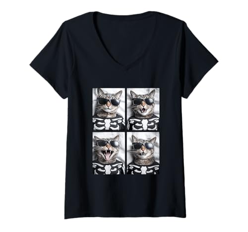 Damen Tabby Katzen mit Sonnenbrille Skelett Kostüm Halloween T-Shirt mit V-Ausschnitt Damen Tabby Katzen mit Sonnenbrille Skelett Kostüm Halloween T-Shirt mit V-Ausschnitt von Spooky Animals Halloween Clothing