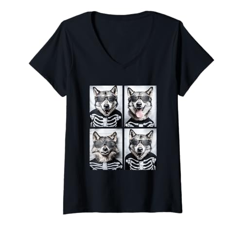 Damen Wölfe mit Sonnenbrille Skelett Kostüm Lustig Halloween Wolf T-Shirt mit V-Ausschnitt Damen Wölfe mit Sonnenbrille Skelett Kostüm Lustig Halloween Wolf T-Shirt mit V-Ausschnitt von Spooky Animals Halloween Clothing
