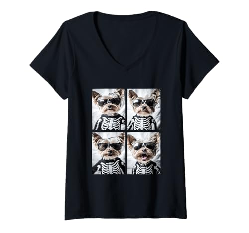 Damen Yorkshire Terrier mit Sonnenbrille Skelett Kostüm Halloween T-Shirt mit V-Ausschnitt Damen Yorkshire Terrier mit Sonnenbrille Skelett Kostüm Halloween T-Shirt mit V-Ausschnitt von Spooky Animals Halloween Clothing