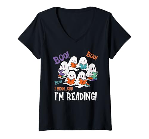 Damen Funny Ghosts Boo Lese-Buchliebhaber T-Shirt mit V-Ausschnitt Damen Funny Ghosts Boo Lese-Buchliebhaber T-Shirt mit V-Ausschnitt von Spooky Apparel Halloween Outfit Co.
