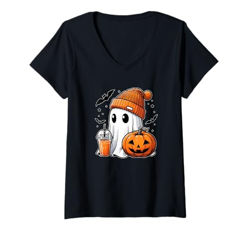 Damen Gruseliger Geist mit Kürbis und Getränk T-Shirt mit V-Ausschnitt Damen Gruseliger Geist mit Kürbis und Getränk T-Shirt mit V-Ausschnitt von Spooky Apparel Halloween Outfit Co.