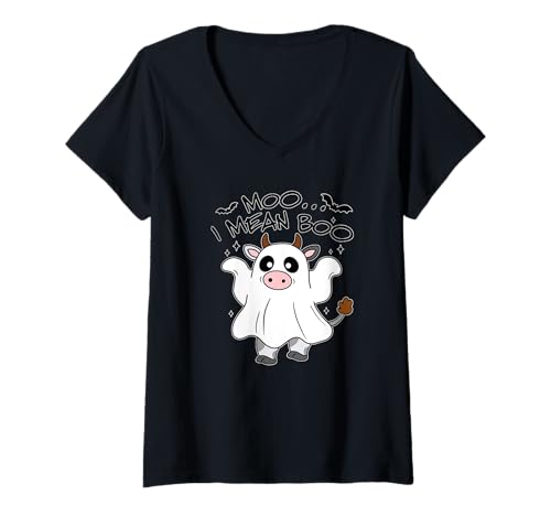 Damen Lustiges Halloween-Kuh-Geister-Kostüm T-Shirt mit V-Ausschnitt Damen Lustiges Halloween-Kuh-Geister-Kostüm T-Shirt mit V-Ausschnitt von Spooky Apparel Halloween Outfit Co.