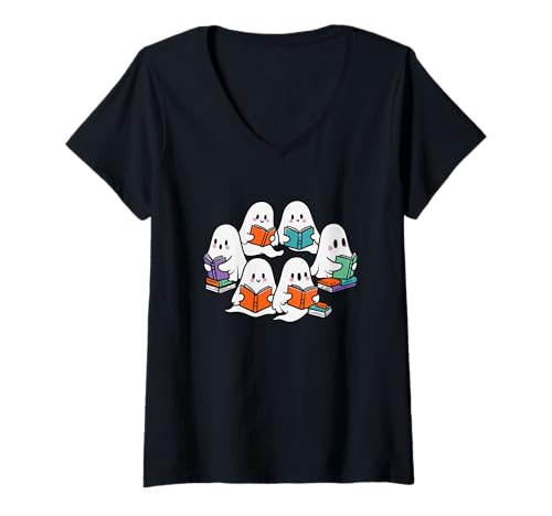 Damen Niedliche Geister lesen Bücher Halloween T-Shirt mit V-Ausschnitt Damen Niedliche Geister lesen Bücher Halloween T-Shirt mit V-Ausschnitt von Spooky Apparel Halloween Outfit Co.