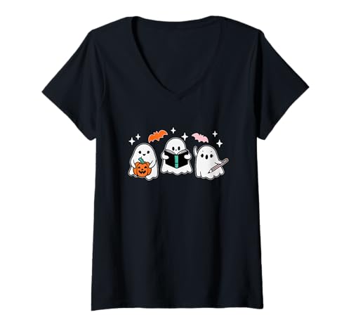 Damen Niedliche Halloween-Geister gruseliges Lesebuch T-Shirt mit V-Ausschnitt Damen Niedliche Halloween-Geister gruseliges Lesebuch T-Shirt mit V-Ausschnitt von Spooky Apparel Halloween Outfit Co.