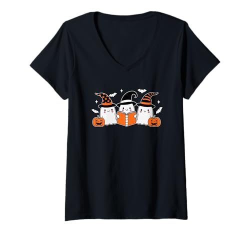 Damen Niedliche Halloween-Geister lesen gruseliges Buch T-Shirt mit V-Ausschnitt Damen Niedliche Halloween-Geister lesen gruseliges Buch T-Shirt mit V-Ausschnitt von Spooky Apparel Halloween Outfit Co.