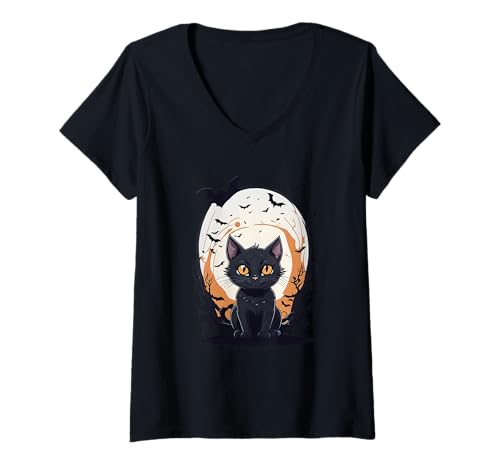Damen Schwarze gruselige Katze, Fledermäuse und Mond, Halloween T-Shirt mit V-Ausschnitt Damen Schwarze gruselige Katze, Fledermäuse und Mond, Halloween T-Shirt mit V-Ausschnitt von Spooky Apparel Halloween Outfit Co.