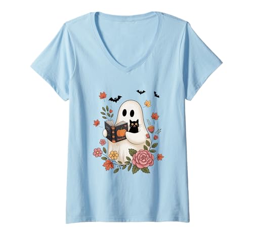 Damen Niedliches Geister-Lesebuch mit schwarzer Katze im Herbst T-Shirt mit V-Ausschnitt Damen Niedliches Geister-Lesebuch mit schwarzer Katze im Herbst T-Shirt mit V-Ausschnitt von Spooky Autumn Ghost Cat Halloween Cozy Vibes