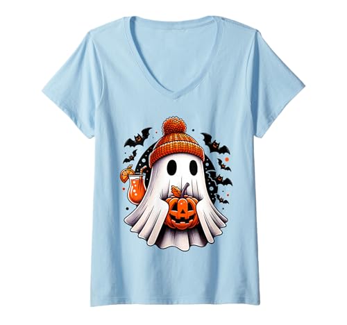 Damen Herbst Geist Kürbis Fledermäuse Halloween T-Shirt mit V-Ausschnitt Damen Herbst Geist Kürbis Fledermäuse Halloween T-Shirt mit V-Ausschnitt von Spooky Autumn Mood
