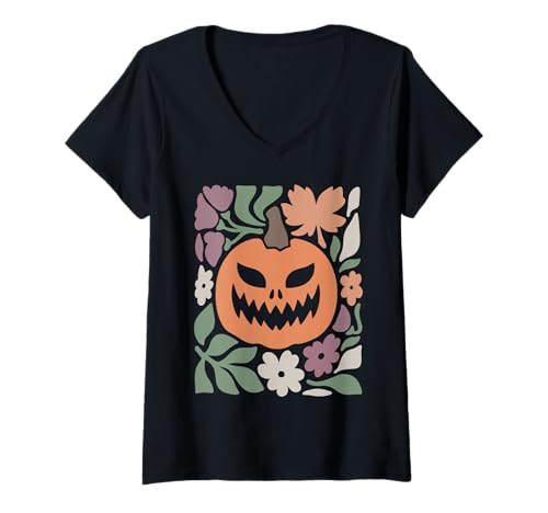 Damen Gruseliges Kürbisgesicht Floral Halloween Gruselige Jack O Laterne T-Shirt mit V-Ausschnitt Damen Gruseliges Kürbisgesicht Floral Halloween Gruselige Jack O Laterne T-Shirt mit V-Ausschnitt von Spooky Autumn Pumpkins Ghosts Witches Retro Shirts