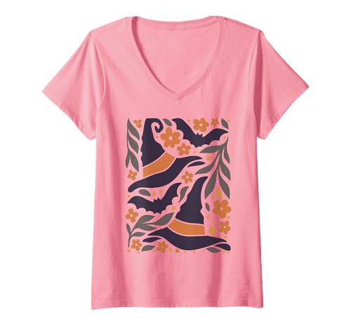 Damen Halloween Hexenhut Retro Blumenmuster Gruseliges Kostüm T-Shirt mit V-Ausschnitt Damen Halloween Hexenhut Retro Blumenmuster Gruseliges Kostüm T-Shirt mit V-Ausschnitt von Spooky Autumn Pumpkins Ghosts Witches Retro Shirts