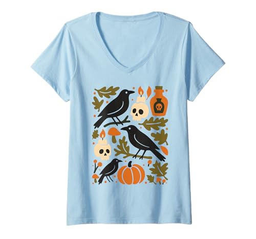 Damen Halloween Raben Schädel Kürbis Herbst Blätter Gruselsaison T-Shirt mit V-Ausschnitt Damen Halloween Raben Schädel Kürbis Herbst Blätter Gruselsaison T-Shirt mit V-Ausschnitt von Spooky Autumn Pumpkins Ghosts Witches Retro Shirts
