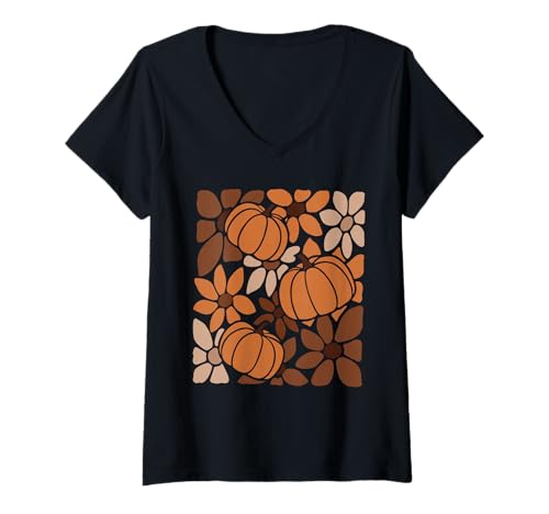 Damen Herbst Kürbisse Herbst Blumen Erntezeit Retro Boho Damen T-Shirt mit V-Ausschnitt Damen Herbst Kürbisse Herbst Blumen Erntezeit Retro Boho Damen T-Shirt mit V-Ausschnitt von Spooky Autumn Pumpkins Ghosts Witches Retro Shirts