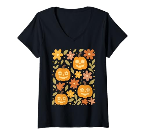 Damen Niedliche Halloween-Kürbis-Jack-O-Laterne und Herbstblumen, Retro T-Shirt mit V-Ausschnitt Damen Niedliche Halloween-Kürbis-Jack-O-Laterne und Herbstblumen, Retro T-Shirt mit V-Ausschnitt von Spooky Autumn Pumpkins Ghosts Witches Retro Shirts