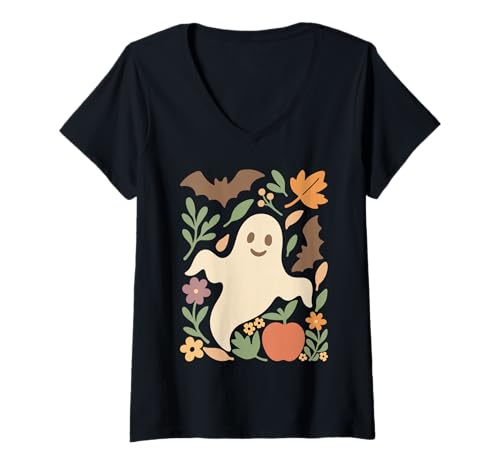 Damen Niedlicher Halloween-Geist alle Blätter Fledermaus Apfel und Blumen Retro T-Shirt mit V-Ausschnitt Damen Niedlicher Halloween-Geist alle Blätter Fledermaus Apfel und Blumen Retro T-Shirt mit V-Ausschnitt von Spooky Autumn Pumpkins Ghosts Witches Retro Shirts