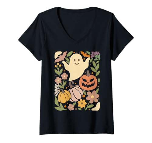 Damen Niedliches Halloween-Geister-Kürbis-Blumenhemd Herbst Gruselsaison T-Shirt mit V-Ausschnitt Damen Niedliches Halloween-Geister-Kürbis-Blumenhemd Herbst Gruselsaison T-Shirt mit V-Ausschnitt von Spooky Autumn Pumpkins Ghosts Witches Retro Shirts