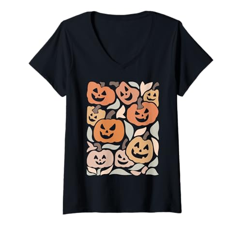 Damen Retro Halloween Kürbis Muster Cute Fall Jack O Laterne T-Shirt mit V-Ausschnitt Damen Retro Halloween Kürbis Muster Cute Fall Jack O Laterne T-Shirt mit V-Ausschnitt von Spooky Autumn Pumpkins Ghosts Witches Retro Shirts