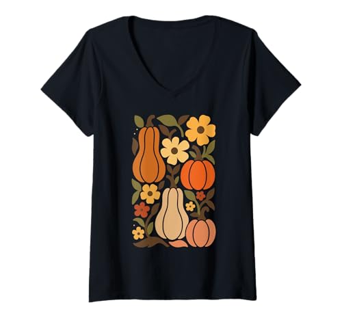 Damen Retro Kürbis und Herbstblume Herbst Ernte Thanksgiving T-Shirt mit V-Ausschnitt Damen Retro Kürbis und Herbstblume Herbst Ernte Thanksgiving T-Shirt mit V-Ausschnitt von Spooky Autumn Pumpkins Ghosts Witches Retro Shirts
