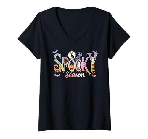 Damen Gruselige Jahreszeit Halloween Katze Geist Kürbis Hexe Herbst Spaß T-Shirt mit V-Ausschnitt Damen Gruselige Jahreszeit Halloween Katze Geist Kürbis Hexe Herbst Spaß T-Shirt mit V-Ausschnitt von Spooky Autumn Season Halloween Family Matching Tee