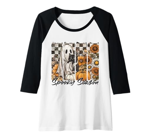 Damen Vintage Ghost Schwarze Katze Kürbis Sonnenblume Herbst Halloween Raglan Damen Vintage Ghost Schwarze Katze Kürbis Sonnenblume Herbst Halloween Raglan von Spooky Autumn Season Halloween Family Matching Tee