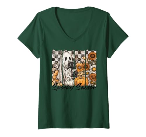 Damen Vintage Ghost Schwarze Katze Kürbis Sonnenblume Herbst Halloween T-Shirt mit V-Ausschnitt Damen Vintage Ghost Schwarze Katze Kürbis Sonnenblume Herbst Halloween T-Shirt mit V-Ausschnitt von Spooky Autumn Season Halloween Family Matching Tee