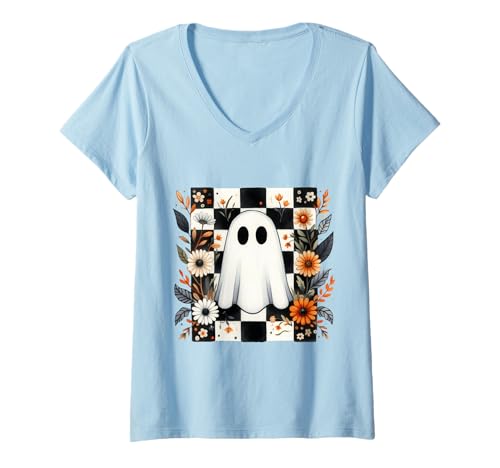 Damen Herbst Geist mit Blumen Halloween T-Shirt mit V-Ausschnitt Damen Herbst Geist mit Blumen Halloween T-Shirt mit V-Ausschnitt von Spooky Autumn Vibes