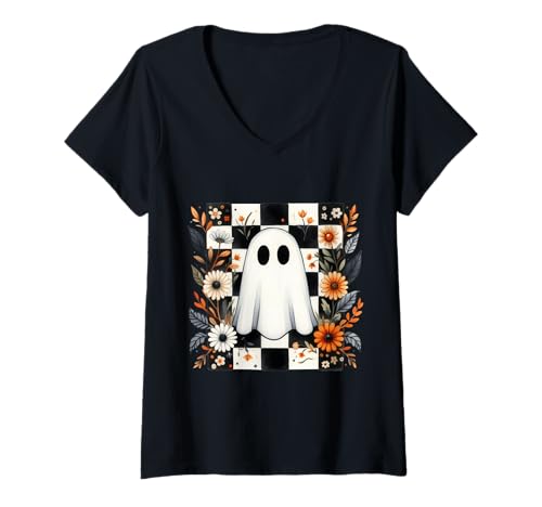 Damen Herbst Geist mit Blumen Halloween T-Shirt mit V-Ausschnitt Damen Herbst Geist mit Blumen Halloween T-Shirt mit V-Ausschnitt von Spooky Autumn Vibes