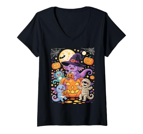 Damen Cute Axolotl Jack O Lantern Halloween Costumes Boys Girls T-Shirt mit V-Ausschnitt von Spooky Axolotl Halloween Costume Tee Kids