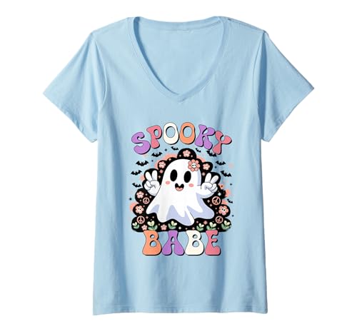 Damen Gruseliges Babe Shirt Cute Ghost with Flowers Halloween Graphic T-Shirt mit V-Ausschnitt Damen Gruseliges Babe Shirt Cute Ghost with Flowers Halloween Graphic T-Shirt mit V-Ausschnitt von Spooky Babe Tee Shirts Tee Shirts Tee Shirts
