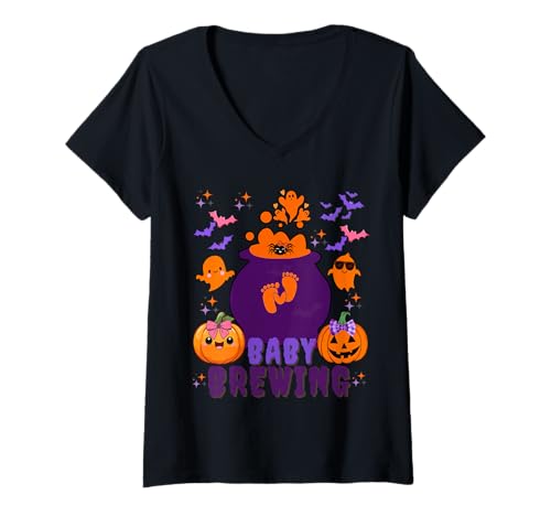 Damen Lustige Halloween-Schwangerschaftsankündigung, EIN Baby Braut T-Shirt mit V-Ausschnitt Damen Lustige Halloween-Schwangerschaftsankündigung, EIN Baby Braut T-Shirt mit V-Ausschnitt von Spooky Baby Shower Gender Reveal Party Mom-To-Be