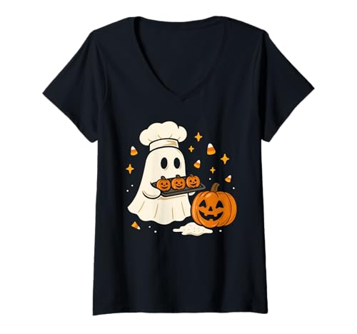 Damen Geist beim Backen Halloween Kürbis Backmotiv für Herbst T-Shirt mit V-Ausschnitt Damen Geist beim Backen Halloween Kürbis Backmotiv für Herbst T-Shirt mit V-Ausschnitt von Spooky Baking Art by Christine-Krahl