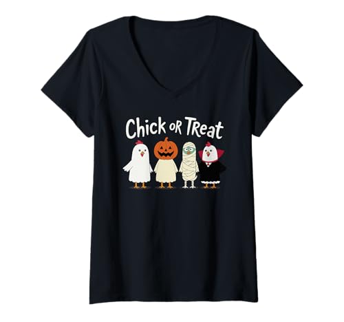 Damen Chick or Treat Lustiges Halloween Huhn Kostüm T-Shirt mit V-Ausschnitt Damen Chick or Treat Lustiges Halloween Huhn Kostüm T-Shirt mit V-Ausschnitt von Spooky Barnyard Co.