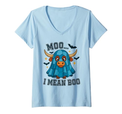 Damen Moo, ich Meine, Boo, lustige Hochlandkuh, Halloween T-Shirt mit V-Ausschnitt von Spooky Barnyard Designs
