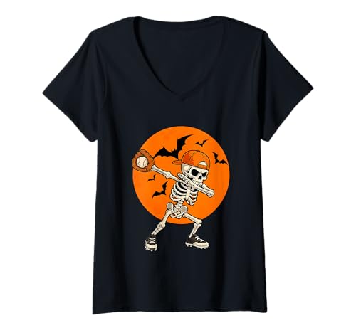 Damen Dabbing Skelett Baseball Halloween Skull Dab Dance Jungen Herren T-Shirt mit V-Ausschnitt Damen Dabbing Skelett Baseball Halloween Skull Dab Dance Jungen Herren T-Shirt mit V-Ausschnitt von Spooky Basball Player Catcher Skeleton Dab Costume