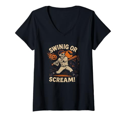 Damen Swing or Scream Funny Skeleton Baseball Halloween T-Shirt mit V-Ausschnitt Damen Swing or Scream Funny Skeleton Baseball Halloween T-Shirt mit V-Ausschnitt von Spooky Baseball Halloween Skeleton Costume Fans