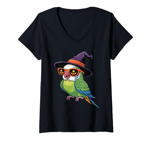 Damen Halloween-Sittich T-Shirt mit V-Ausschnitt Damen Halloween-Sittich T-Shirt mit V-Ausschnitt von Spooky Bird Designs