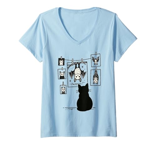 Damen Gruselige Schwarze Katze mit Symbolen Halloween ästhetische Kunst T-Shirt mit V-Ausschnitt von Spooky Black Cat Halloween Art
