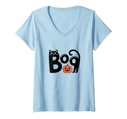 Damen Cute Spooky Halloween Boo Black Cat with Pumpkin T-Shirt mit V-Ausschnitt Damen Cute Spooky Halloween Boo Black Cat with Pumpkin T-Shirt mit V-Ausschnitt von Spooky Black Cat with Pumpkin Halloween Gift Idea