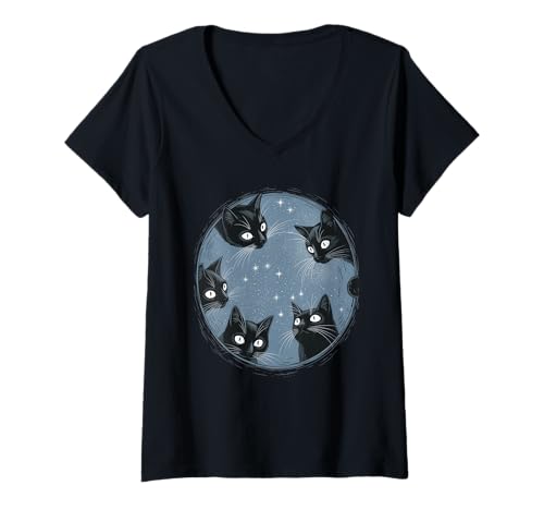 Damen Gruselige Schwarze Katzen Halloween Nacht Kätzchen Frauen Männer Mädchen T-Shirt mit V-Ausschnitt von Spooky Black Cats Eerie Cozy Night Cat Lovers
