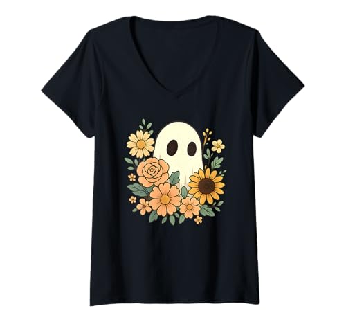 Damen Gespenst umgeben von Blumen, gruseliges Cottagecore-Herbstdesign T-Shirt mit V-Ausschnitt Damen Gespenst umgeben von Blumen, gruseliges Cottagecore-Herbstdesign T-Shirt mit V-Ausschnitt von Spooky Bloom Studio