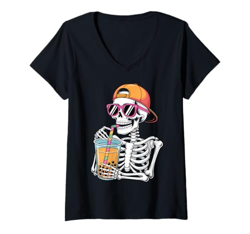 Damen Lustiges Halloween-Skelett-Boba-Teekostüm T-Shirt mit V-Ausschnitt von Spooky Boba Tea Humor Skeleton Halloween Costumes