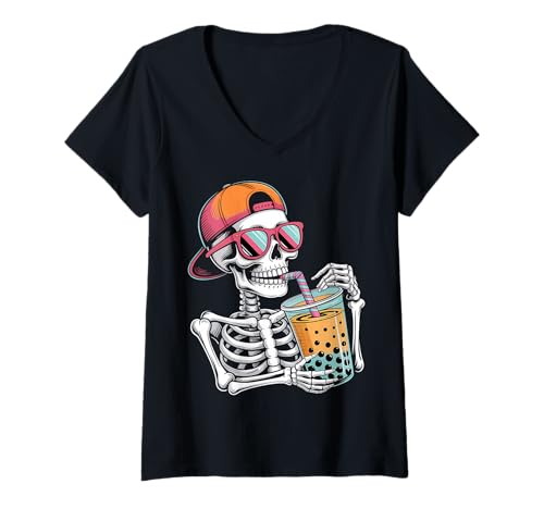 Damen Lustiges Halloween-Skelett-Boba-Teekostüm T-Shirt mit V-Ausschnitt Damen Lustiges Halloween-Skelett-Boba-Teekostüm T-Shirt mit V-Ausschnitt von Spooky Boba Tea Skeleton Halloween Costumes