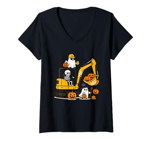 Damen Spooky Construction Trucks Toddler Halloween Costume T-Shirt mit V-Ausschnitt Damen Spooky Construction Trucks Toddler Halloween Costume T-Shirt mit V-Ausschnitt von Spooky Boo Skeleton Halloween Costume