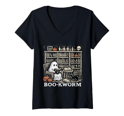 Damen Lustiger Geister-Bücherwurm Boo-Kworm Halloween-Lesebücherliebhaber T-Shirt mit V-Ausschnitt von Spooky Book Lovers Haunted Reading Apparel
