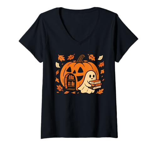 Damen Halloween Geist liest Bücher Süße Kürbis Bibliothek Herbst T-Shirt mit V-Ausschnitt Damen Halloween Geist liest Bücher Süße Kürbis Bibliothek Herbst T-Shirt mit V-Ausschnitt von Spooky Book Lovers by Christine-Krahl