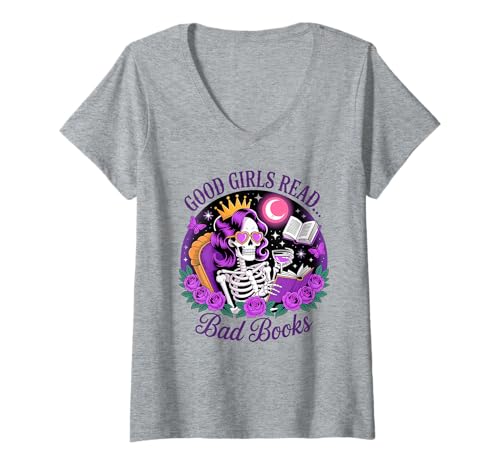 Damen Good Girls Read Smutty Books Skelett Lesen Dark Academia T-Shirt mit V-Ausschnitt Damen Good Girls Read Smutty Books Skelett Lesen Dark Academia T-Shirt mit V-Ausschnitt von Spooky Bookworm Romance Skeleton Vibes
