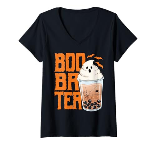Damen Boo Ba Tea Halloween Boba Bubble Tea, Geistermotiv T-Shirt mit V-Ausschnitt Damen Boo Ba Tea Halloween Boba Bubble Tea, Geistermotiv T-Shirt mit V-Ausschnitt von Spooky Bubble Brew Co.
