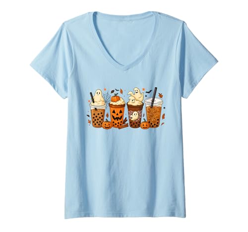 Damen Halloween Bubble Tea Tassen mit Geistern und Kürbissen T-Shirt mit V-Ausschnitt Damen Halloween Bubble Tea Tassen mit Geistern und Kürbissen T-Shirt mit V-Ausschnitt von Spooky Bubble Brew Co.