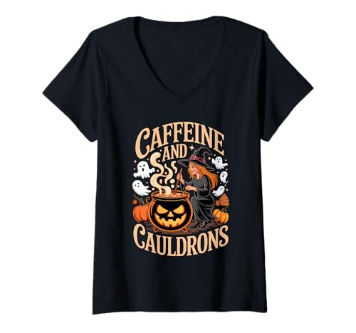 Damen Caffeine and Cauldrons Coffee Witches Ghosts Halloween T-Shirt mit V-Ausschnitt von Spooky Candy Pumpkin Squad